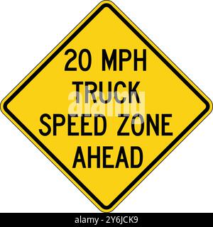 20 MPH Truck Speed Zone Ahead, Advance Traffic Control Signs: Stop, Yield, Traffic Lights Ahead, Speed Limits, Draw Bridge, Ramp Meter, and Traffic Us Stock Vector