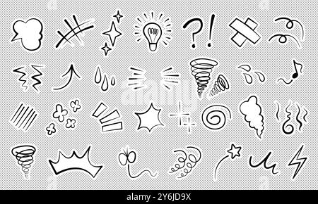 Manga or anime comic emoticon element graphic effects hand drawn doodle vector illustration set. Stock Vector