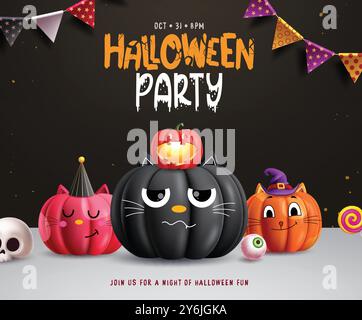 Halloween party pumpkins vector design. Halloween invitation card with cat pumpkins cute characters with pennants decoration elements in black Stock Vector