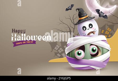 Happy halloween text vector design. Halloween greeting card with scary mummy pumpkin and ghost characters in night crescent moon haunted house paper Stock Vector