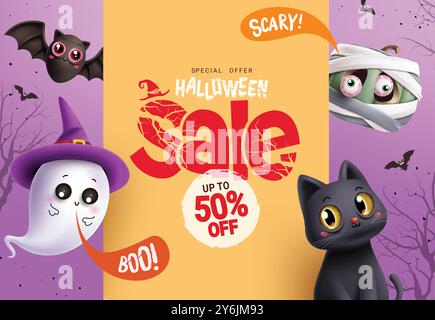 Halloween sale text vector template design. Halloween special offer 50% off discount with mummy pumpkin, ghost, cat and bat characters in orange board Stock Vector