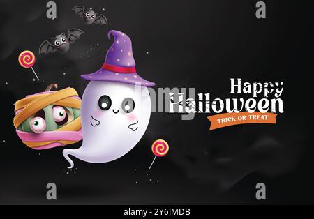 Happy halloween text vector design. Halloween trick or treat greeting card with cute ghost and funny pumpkin mummy character in spooky dark night Stock Vector