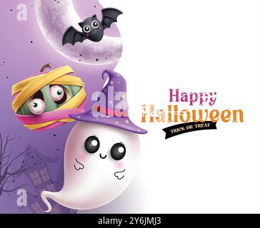 Happy halloween text vector design. Halloween trick or treat greeting card in purple and white background with cute ghost character wearing witch hat, Stock Vector