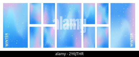 Gradient Pastel Winter Background. Iridescent aura posters. Set of trendy Neon banners for social media. Minimal blur wallpaper with snowflakes Stock Vector