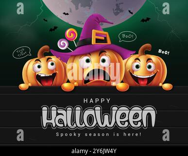 Happy halloween greeting text vector template design. Halloween cute pumpkins characters wearing witch hat elements with black board space Stock Vector