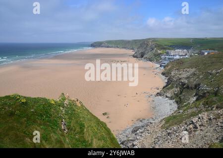 The Large/Wide Watergate Bay Beach from near Newquay on the Southwest Coastal Path, North Cornwall, England, UK Stock Photo