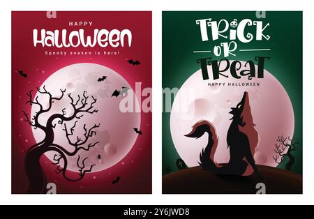 Halloween trick or treat vector poster set design. Happy halloween greeting card with silhouette tree, wolf and bat elements in full moon spooky night Stock Vector