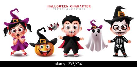 Halloween characters vector set design. Halloween characters like witch, pumpkin, vampire and ghost spooky party mascot costume collection. Vector Stock Vector