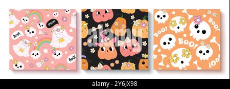 Halloween elements vector set design. Halloween invitation card with cute spooky elements collection like funny pumpkins and scary ghost cartoon Stock Vector