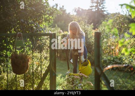 Mature woman watering plants in her garden on a sunny summer day Stock Photo