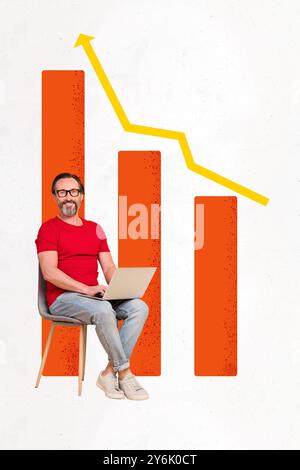 Vertical creative composite photo collage of middle age smart man sit with laptop analyze financial market isolated painted background Stock Photo