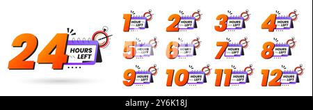 Urgency countdown timer numbers of day left. Sticker limited hours to go on white background. Last offer badge with calendar and clock icons for promotion, discount, hot sales. Set number from 1 to 12 Stock Vector