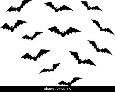 A group of black bats with glowing eyes flying in various directions. Suitable for spooky invitation, decoration for party flyer for Halloween. Stock Vector