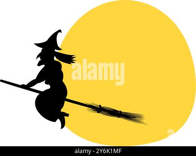 A silhouette of a wicked witch on a broomstick against a yellow moon. Spooky crone witch on All Hallows Eve for Halloween themed project. For holiday Stock Vector