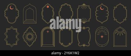 Islamic frame shapes set. Trendy boho thin line art arabic arches. Geometric minimalist aesthetic linear design windows, simple borders, arabian mosque arcs with sun rays, crescent. Eid mubarak doors Stock Vector