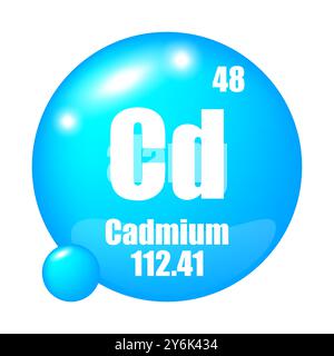 Cadmium icon. Cd chemical element. Atomic number 48. Mass 112.41. Blue sphere. Stock Vector