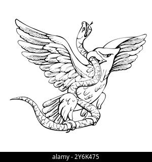 Mexican national emblem symbol, eagle fighting rattlesnake coat of arms, carved engraving sculpture. Hand drawn ink vector illustration. Single Stock Vector