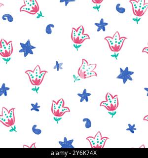 watercolor seamless pattern with flowers and oriental paisley in blue color on a white background Stock Photo