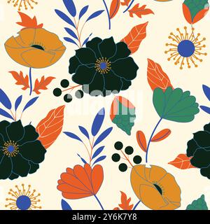 Exotic hand-drawn flowers, seamless patterns with floral for fabric, textiles, clothing, wrapping paper, covers, banners, home decor, abstract Stock Vector