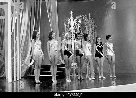 London: One of these seven girls was chosen her tonight as the most beautiful in the World. Which one? The second from right, Madeleine Hartog Bel of Peru, who was declared Miss World 1967. Miss Argentina was second, and Miss Guyana third. 16 November 1967 Stock Photo