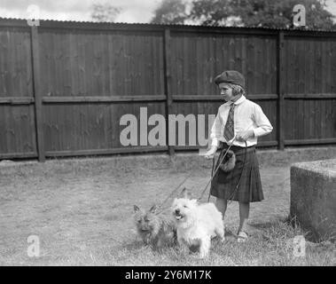 Tunbridge Wells, Kent Canine Society's Show. Miss Mona Mackay with her Cairn Terriers.  1 August 1934 Stock Photo