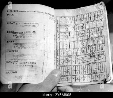 This is a page from a British ration book which is issued to every resident in the British Isles. On the left hand page are entered the names and addresses of the shops from which the holder of the ration card buy thier rationed foods. The right hand page shows how the shopkeeper marks the coupons off when the weekly rations have been bought.   17 February 1951 Stock Photo
