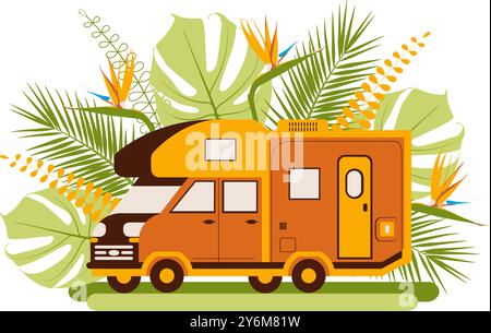 Vector illustration of an orange and yellow camper van surrounded by tropical plants representing a summer camping theme. Stock Vector