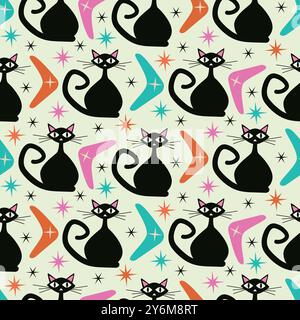 Mid Century Modern Black Atomic Cats seamless pattern with pink, orange and teal boomerangs and starbursts on white background. For wallpaper, textile Stock Vector