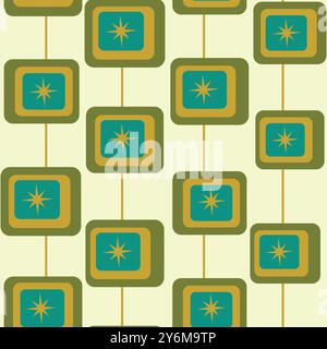 Mid century modern atomic starbursts on abstract square shapes in green, teal and mustard yellow on light cream background. For wallpaper, home décor Stock Vector