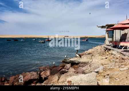 Beautiful seaside landscape in Paracas featuring colorful boats, rocky shore, and pelicans. Captures the essence of a tranquil coastal environment wit Stock Photo