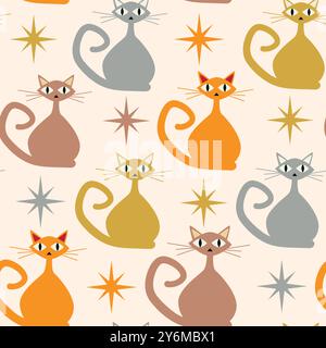 Mid Century Colorful Atomic Cats in gray, orange, mustard and brown seamless pattern with starbursts on white background. For fabric, wallpaper and te Stock Vector