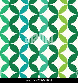 Mid Century Geometric Circles seamless pattern in emerald green, mint green, lime green and jade green on white background. For wallpaper, home décor Stock Vector