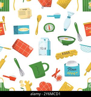 Ingredients, utensils and tools for baking pattern Stock Vector