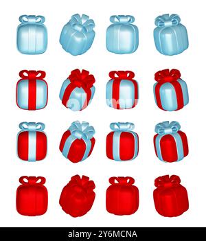 3d gift boxes set with ribbon bow isolated on a white background. 3d render flying modern holiday closed surprise box. Realistic vector icon for Stock Vector