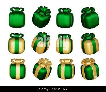 3d gift boxes set with ribbon bow isolated on a white background. 3d render flying modern holiday closed surprise box. Realistic vector icon for Stock Vector