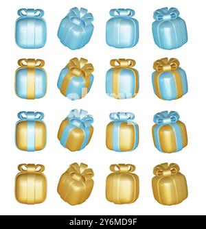 3d gift boxes set with ribbon bow isolated on a white background. 3d render flying modern holiday closed surprise box. Realistic vector icon for Stock Vector