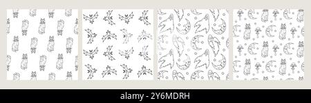 Set of 4 black and white Seamless patterns with cute hand drawn Halloween motifs Stock Vector