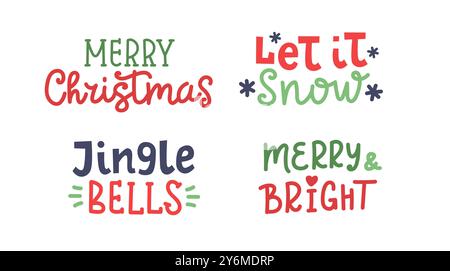 Christmas greetings set. Hand drawn vector festive lettering. Stickers or prints templates Stock Vector