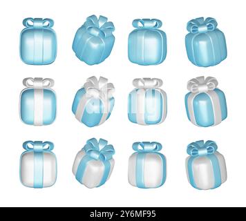 3d gift boxes set with ribbon bow isolated on a white background. 3d render flying modern holiday closed surprise box. Realistic vector icon for Stock Vector