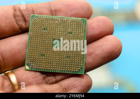 Close-up of a computer processor held delicately in a hand, showcasing its intricate golden pins. Stock Photo