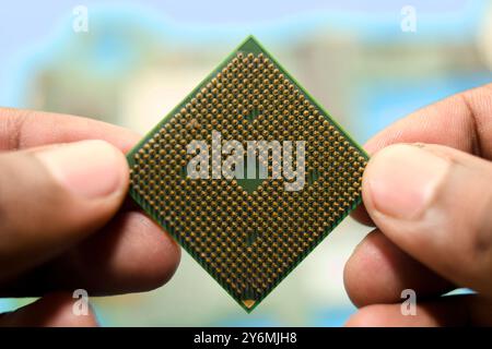 Fingers carefully hold a computer processing unit against a blurred blue background. Stock Photo
