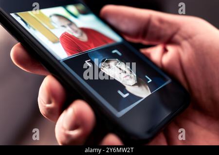 Deep fake. Deepfake AI photo or video in phone. Face swap. Artificial intelligence edit to picture. Machine learning or fraud. Identity theft. Stock Photo