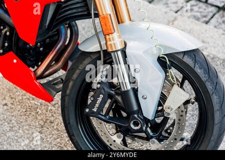 Road motorcycle attached with a padlock on the brake disc Stock Photo