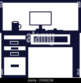 table, computer, computer table, lamp, pc, table lamp, desk table desktop workplace icon Stock Vector