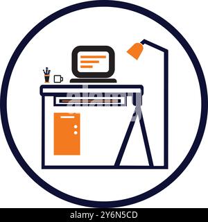 table, computer, computer table, lamp, pc, table lamp, desk table desktop workplace icon Stock Vector
