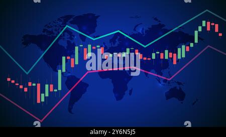 Abstract stock market, infographic visualization. Financial chart with uptrend line graphs and candlesticks. Futuristic network or business analytics Stock Vector