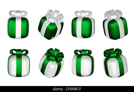 3d gift boxes set with ribbon bow isolated on a white background. 3d render flying modern holiday closed surprise box. Realistic vector icon for Stock Vector