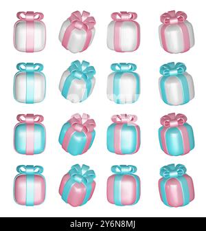 3d gift boxes set with ribbon bow isolated on a white background. 3d render flying modern holiday closed surprise box. Realistic vector icon for Stock Vector