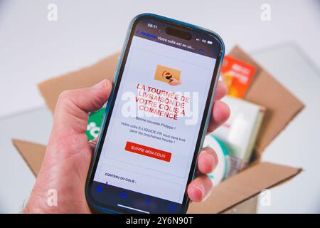 Parcel delivery receipt message on a smartphone Stock Photo