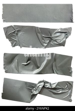 Set of straight torn and wrinkled silver grey repair duct tape pieces isolated. Set of metallic tapes on white background. Stock Photo